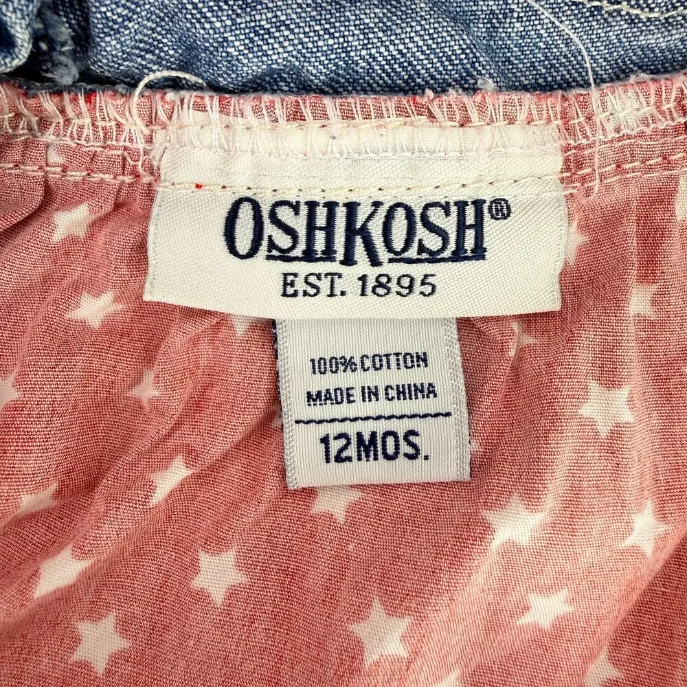 Vtg OshKosh Baby Girls Sz 12M Denim Patriotic USA Flag Tiered Dress Star Stripes